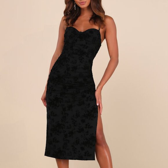 Lulus Decadent Flirt Black Mesh Velvet Ruched Bodycon Midi Dress - Size M - Picture 1 of 3